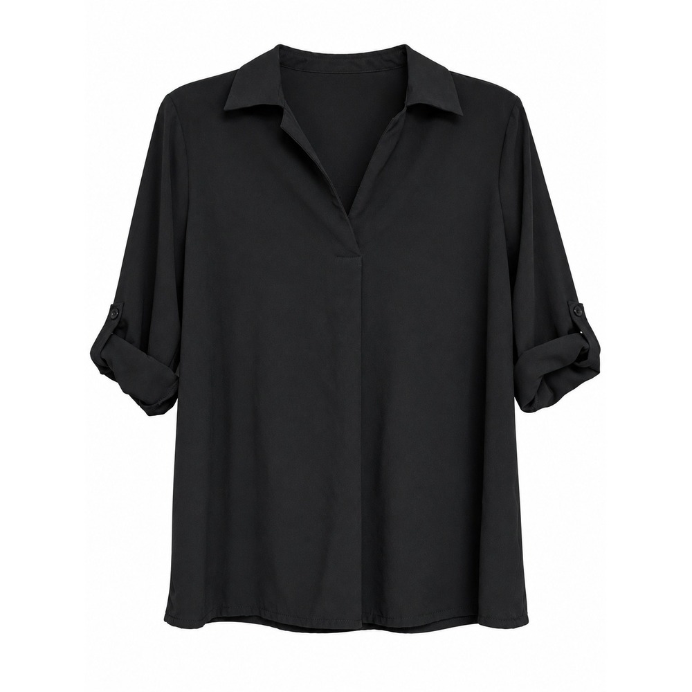 Womens Medium Black V-Neck Blouse Roll Tab 3/4 Sleeve Business Casual Work Top